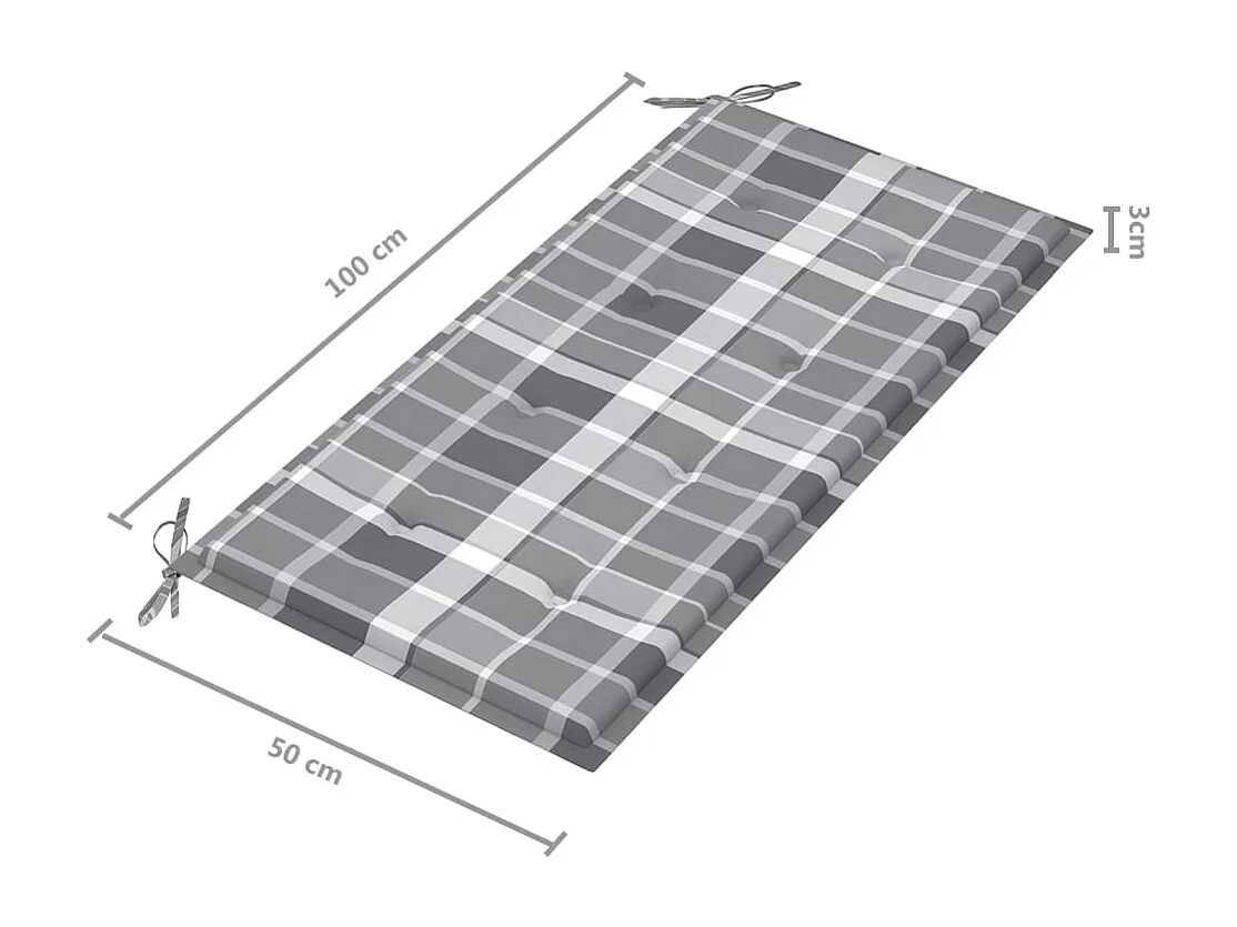 Banco de jardín madera de teca con cojín a cuadros gris 112 cm