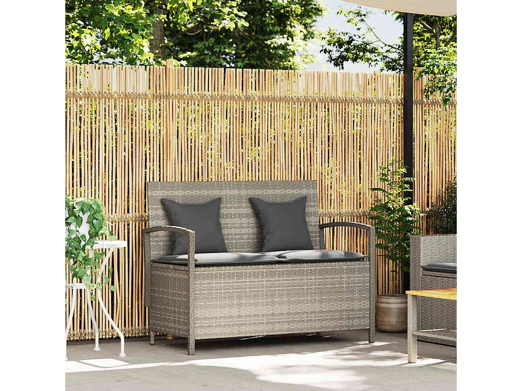Banc de rangement de jardin avec coussin gris clair polyrotin