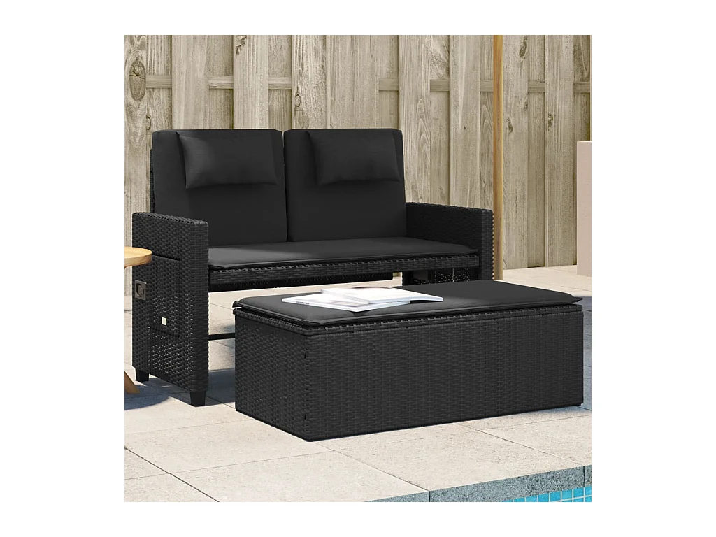 Sillón reclinable de jardín con cojines ratán sintético negro