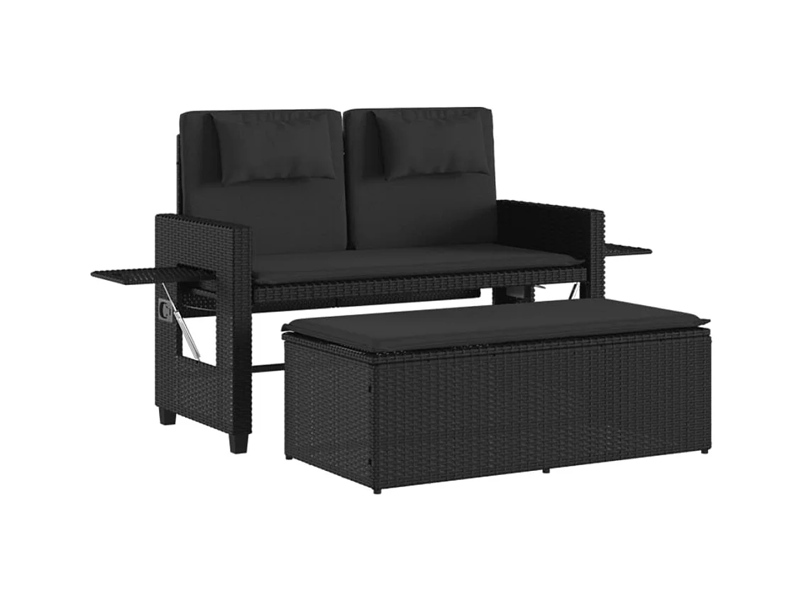 Sillón reclinable de jardín con cojines ratán sintético negro