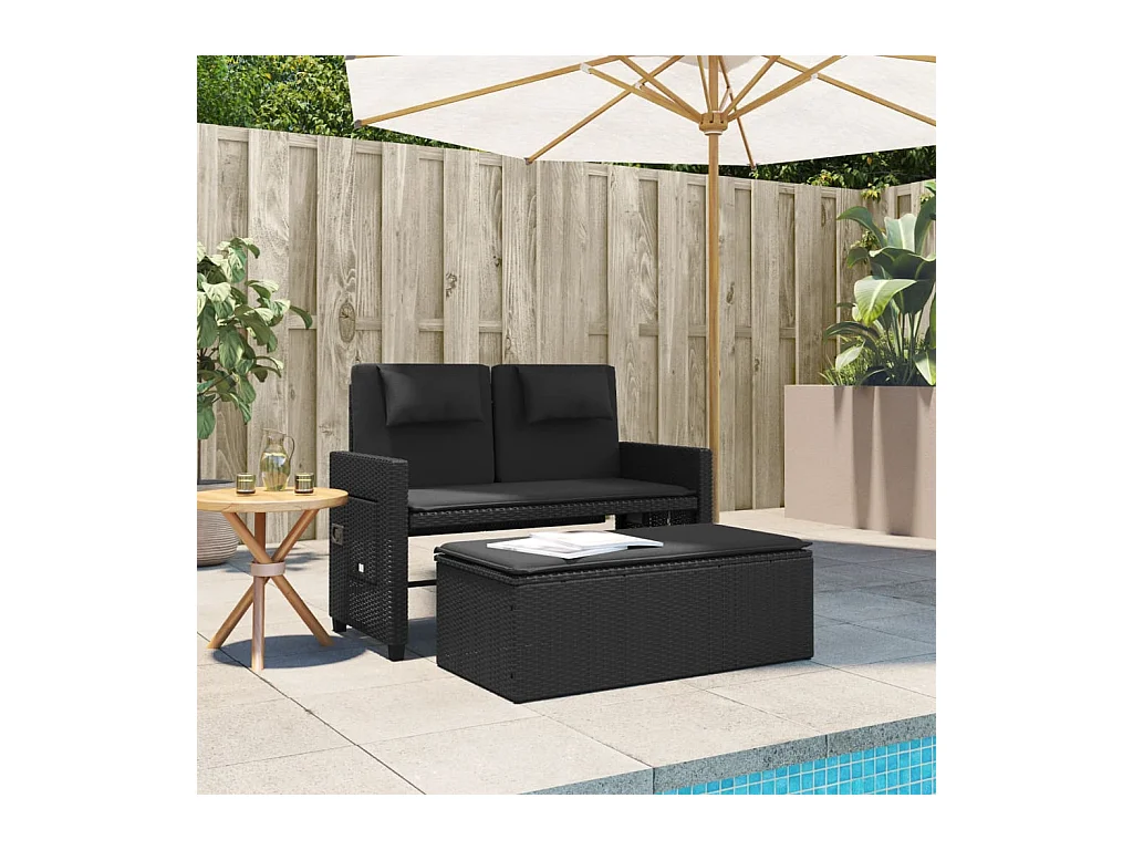 Sillón reclinable de jardín con cojines ratán sintético negro