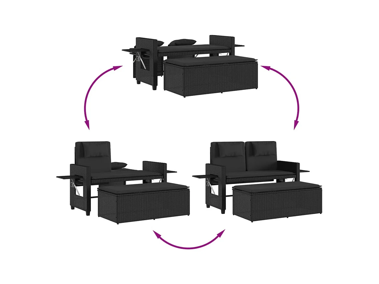 Sillón reclinable de jardín con cojines ratán sintético negro