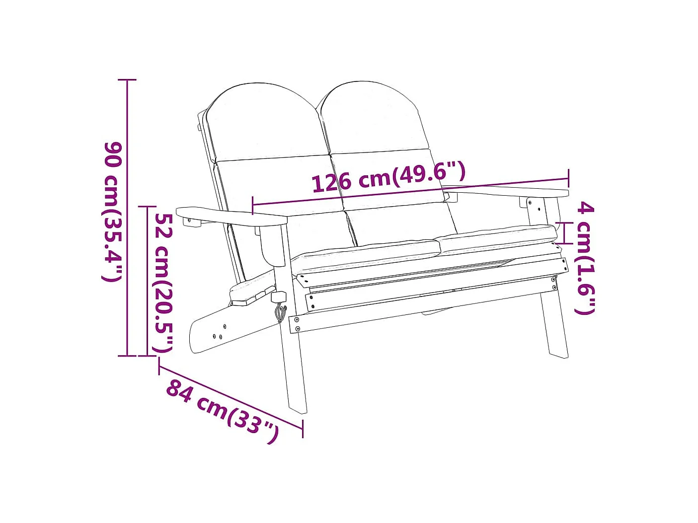 Banc de jardin Adirondack et coussins 126 cm bois massif acacia