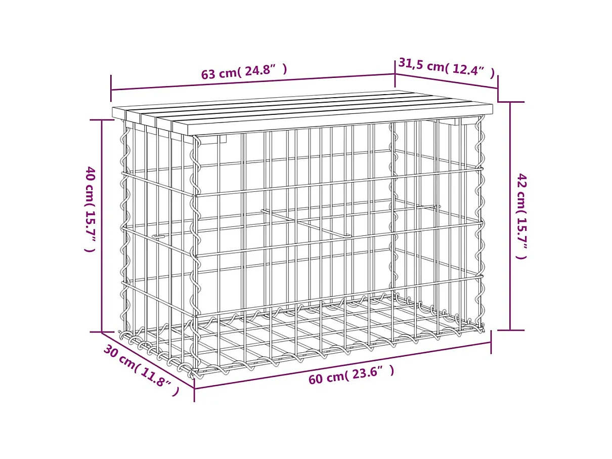 Banco de jardim com design gabião 63x31,5x42 cm pinho maciço
