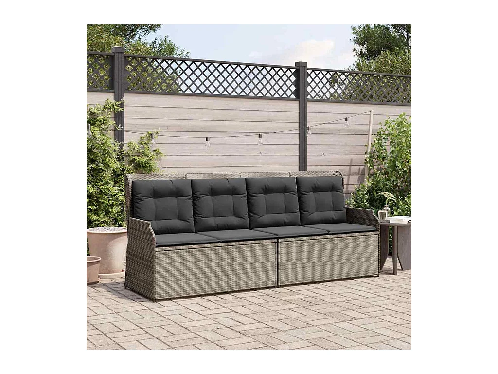 Sillón reclinable de jardín con cojines ratán sintético gris