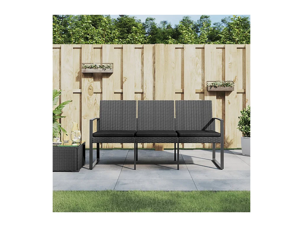 Banco de jardim de 3 lugares com almofadões vime PP cinza-escuro
