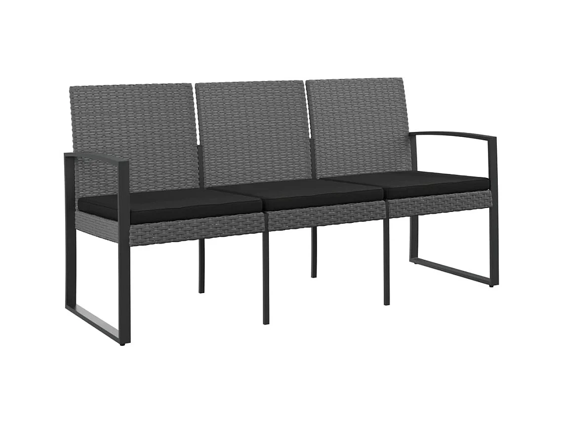 Banco de jardim de 3 lugares com almofadões vime PP cinza-escuro