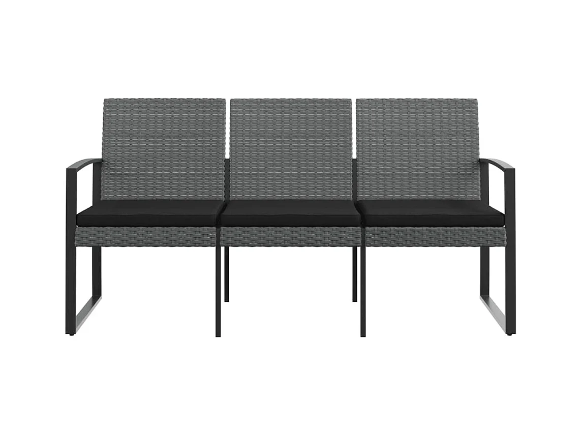 Banco de jardim de 3 lugares com almofadões vime PP cinza-escuro