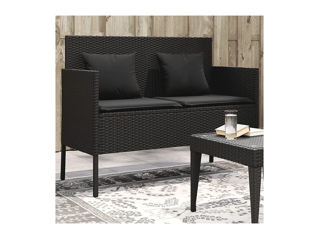 Banco de jardín con cojines ratán sintético negro