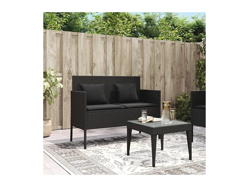 Banco de jardín con cojines ratán sintético negro
