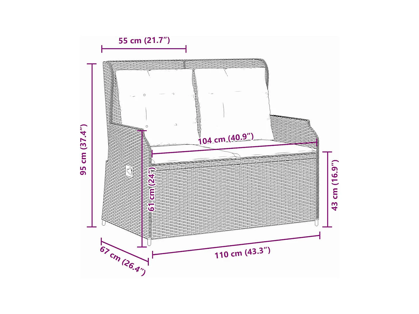 Banc inclinable de jardin avec coussins beige résine tressée
