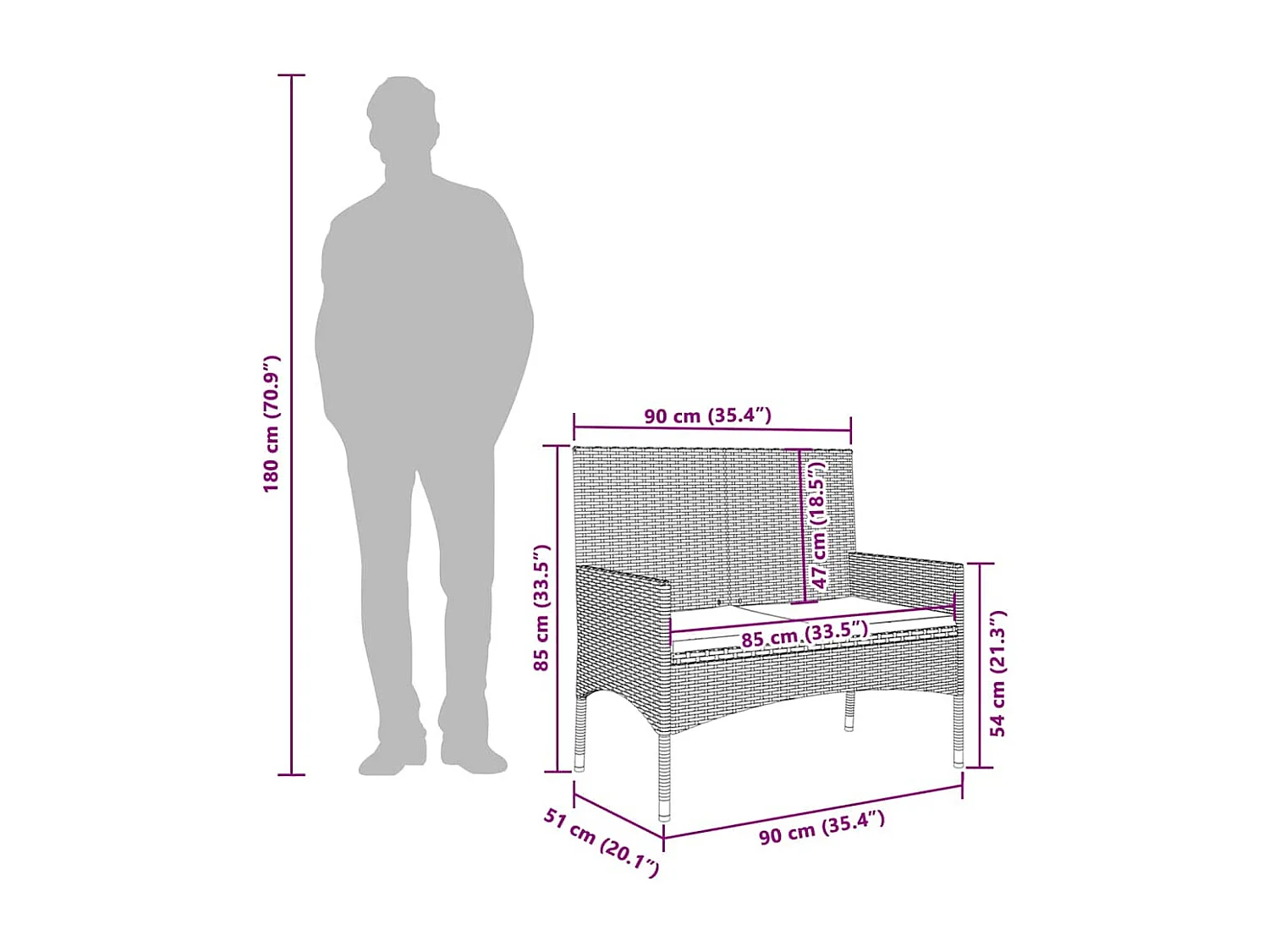 Banc de Jardin à 2 Places avec Coussins Gris Résine Tressée