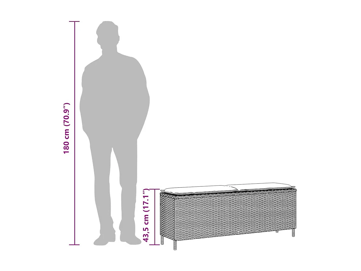 Banco de jardim com almofadão 110x30x40,5 cm vime PE preto