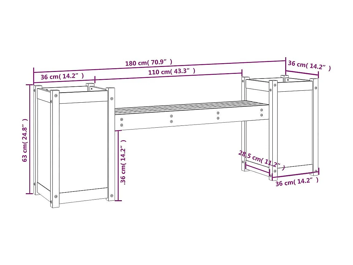 Banco con jardineras madera maciza de abeto Douglas 180x36x63cm