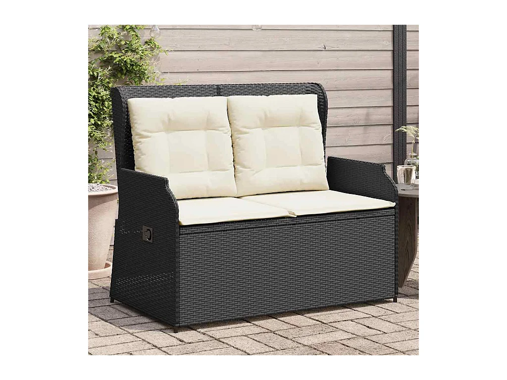 Banc inclinable de jardin avec coussins noir résine tressée