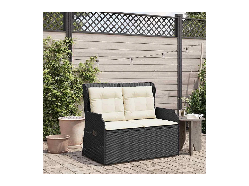 Sillón reclinable de jardín con cojines ratán sintético negro