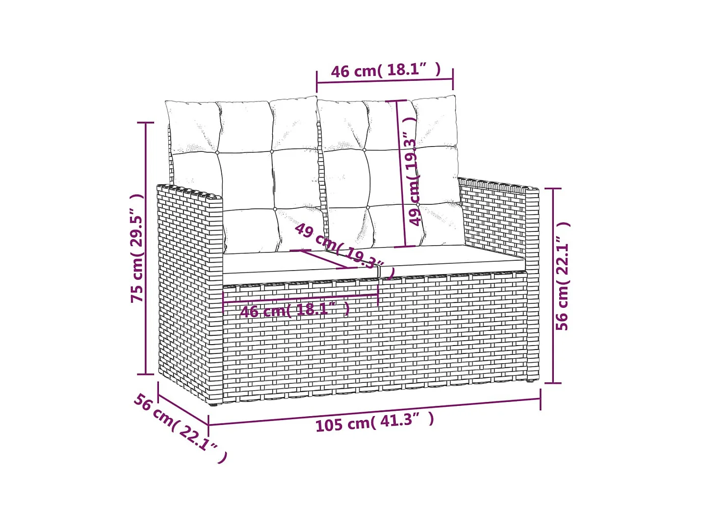 Banco de jardim com almofadões 105 cm vime PE cinzento
