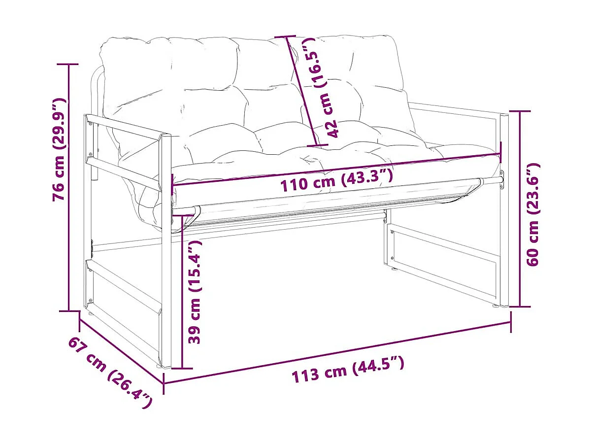 Banc de jardin avec coussin taupe 113 cm acier