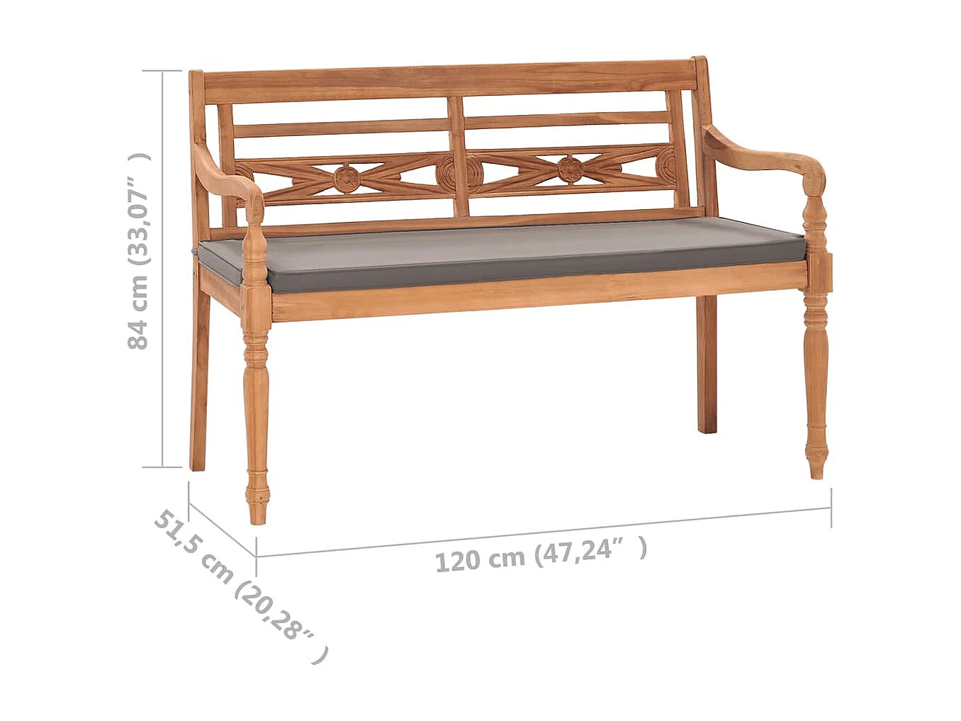 Banco Batavia madera maciza de teca con cojín gris oscuro 120cm