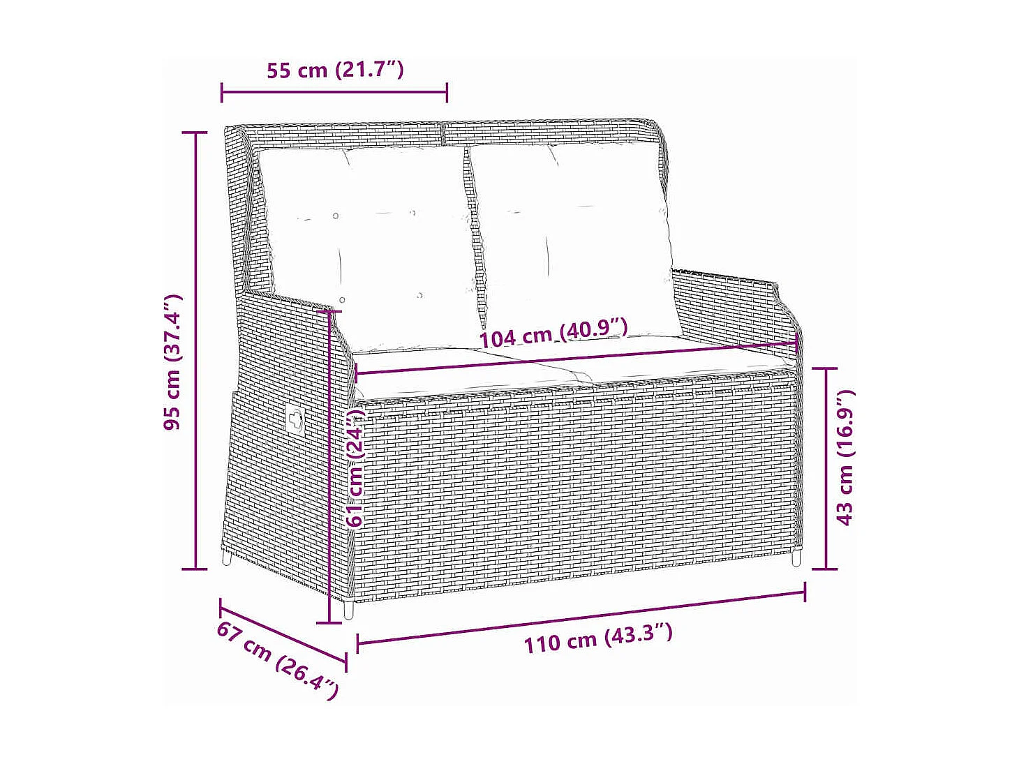 Banc inclinable de jardin avec coussins marron résine tressée