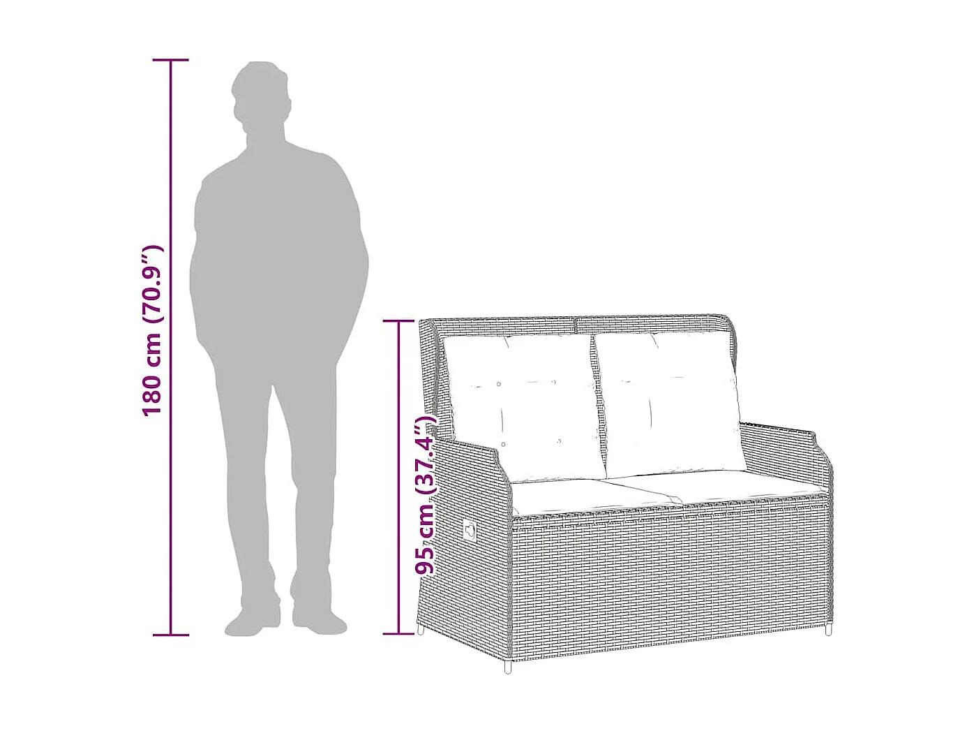 Banc inclinable de jardin avec coussins marron résine tressée