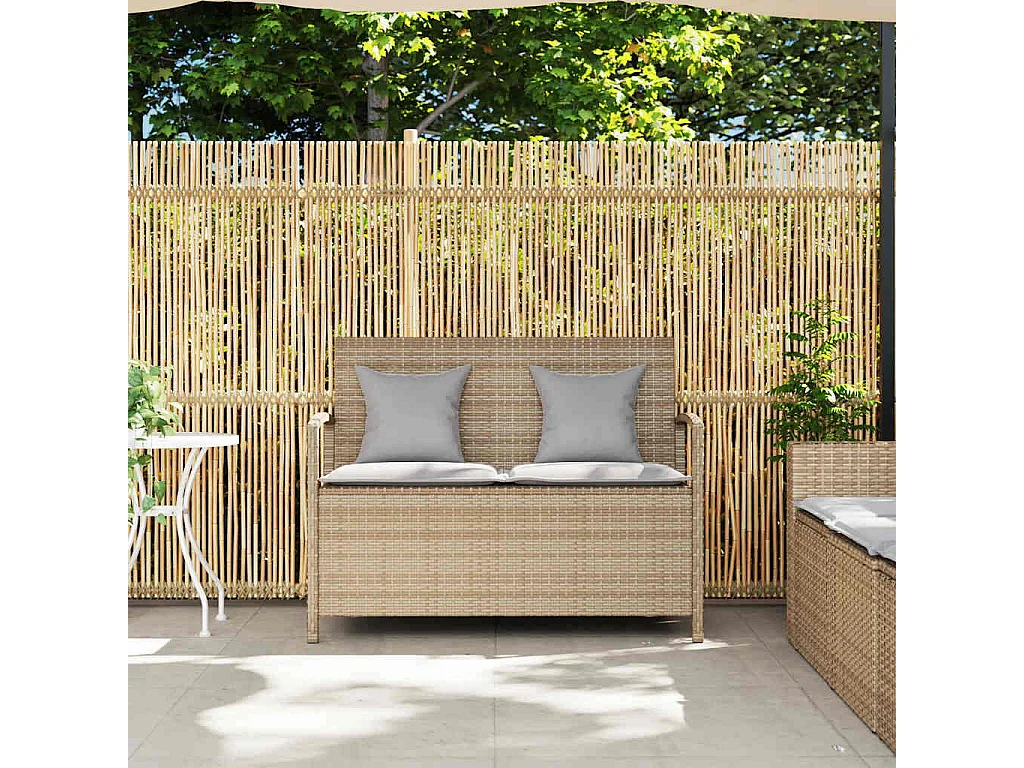 Banc de rangement de jardin avec coussin beige résine tressée