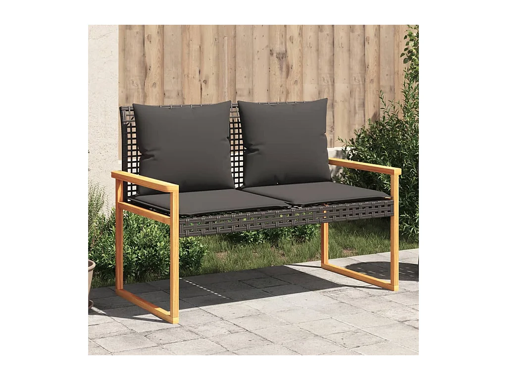 Banc de jardin avec coussin noir résine tressée et acacia