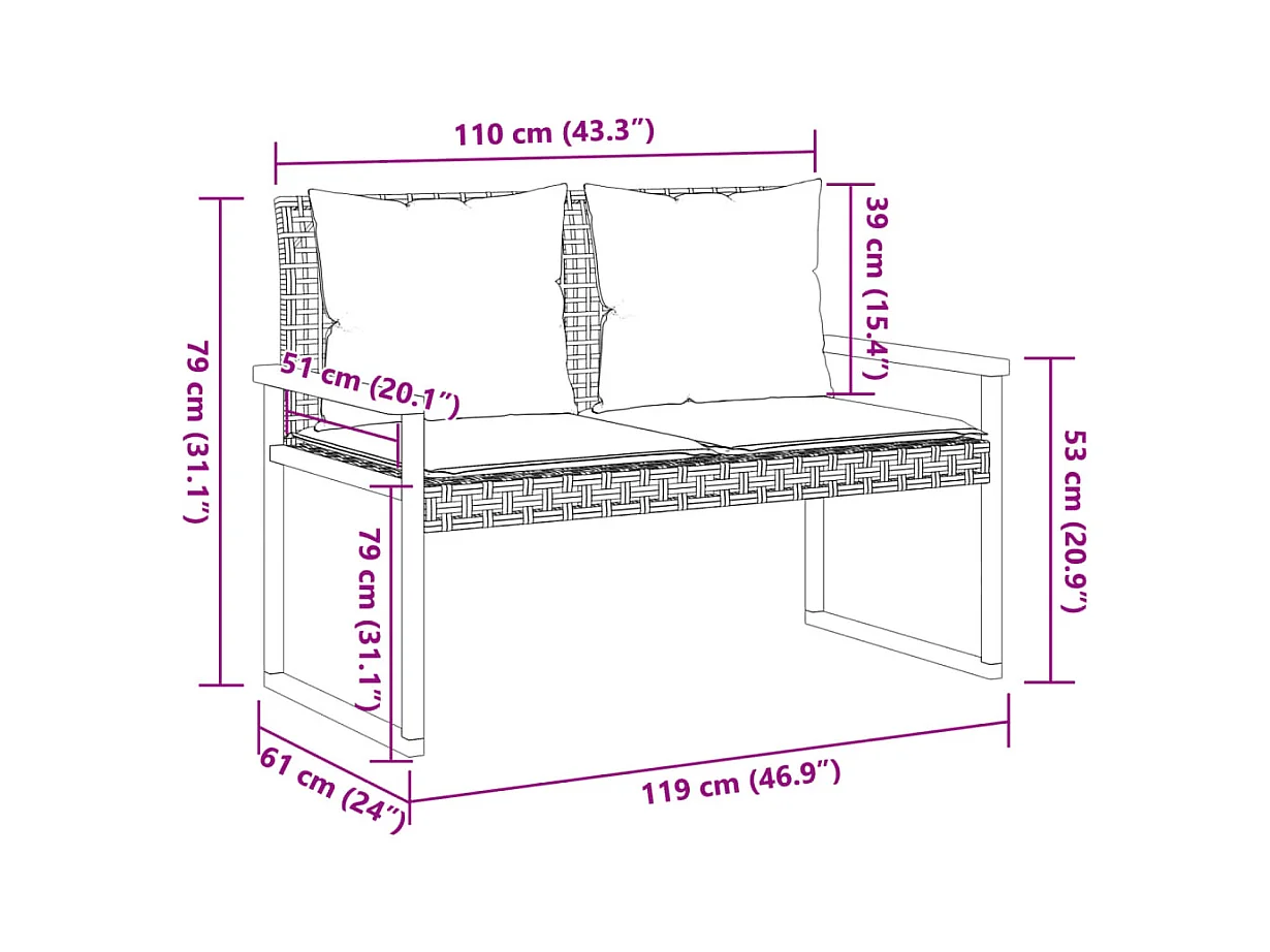 Banc de jardin avec coussin noir résine tressée et acacia