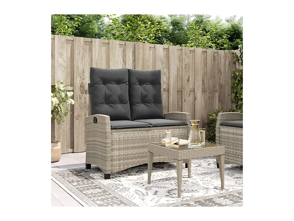 Banc inclinable de jardin et coussins gris clair résine tressée