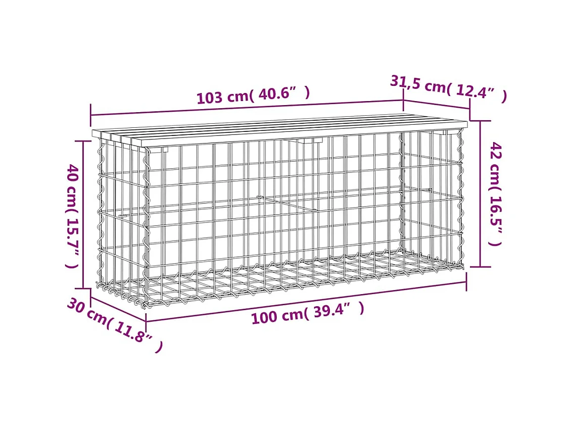 Banc de jardin design gabion 103x31,5x42cm bois de pin imprégné