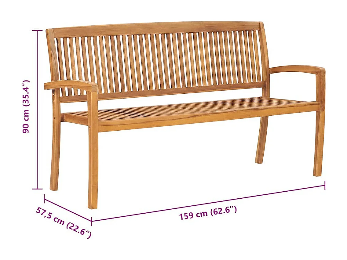 Banc 3 places empilable de jardin 159 cm Bois de teck solide