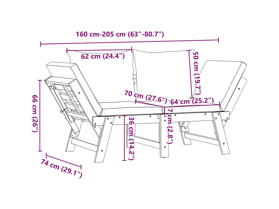 Banc de jardin avec coussins 2 en 1 bois d'acacia massif