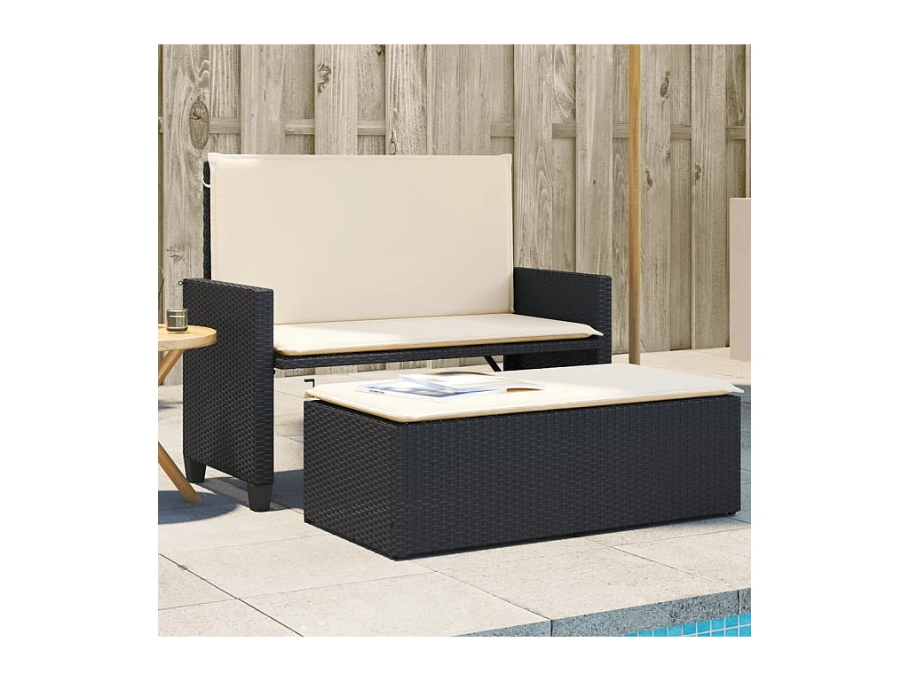 Banco de jardín con cojines y reposapiés ratán sintético negro