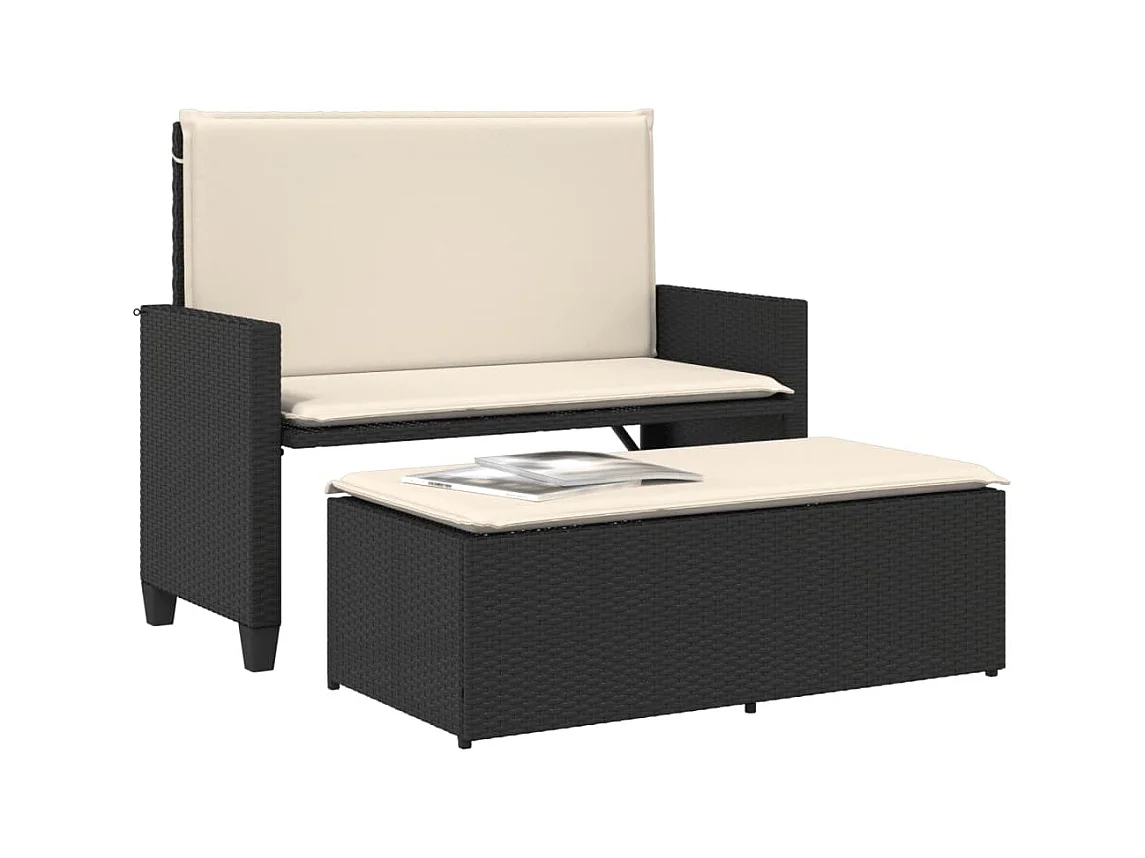 Banco de jardín con cojines y reposapiés ratán sintético negro