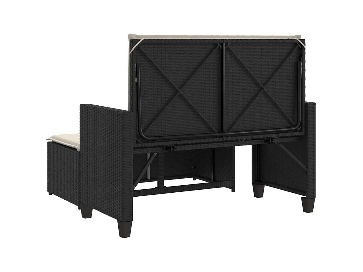 Banco de jardín con cojines y reposapiés ratán sintético negro