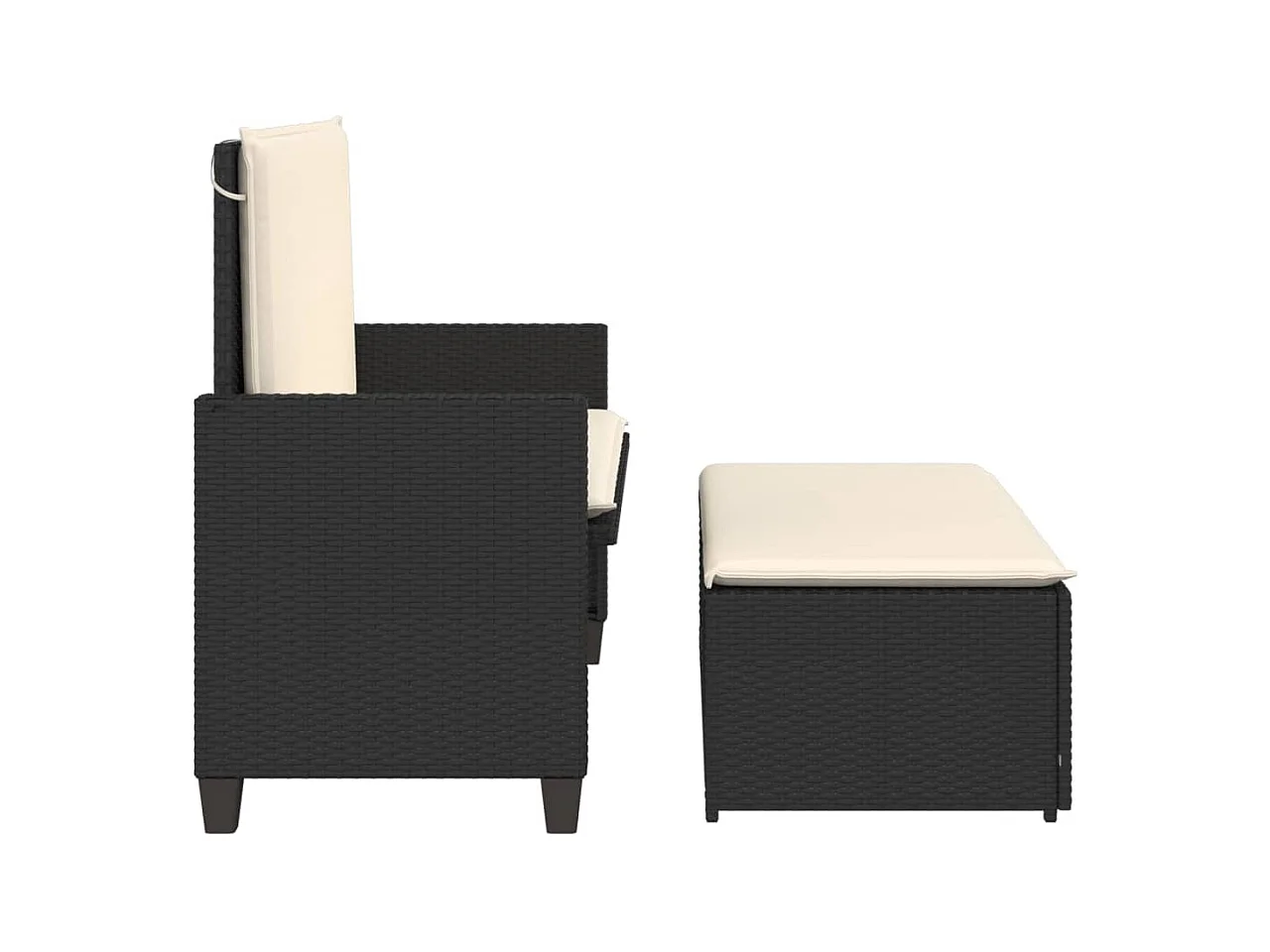 Banco de jardín con cojines y reposapiés ratán sintético negro