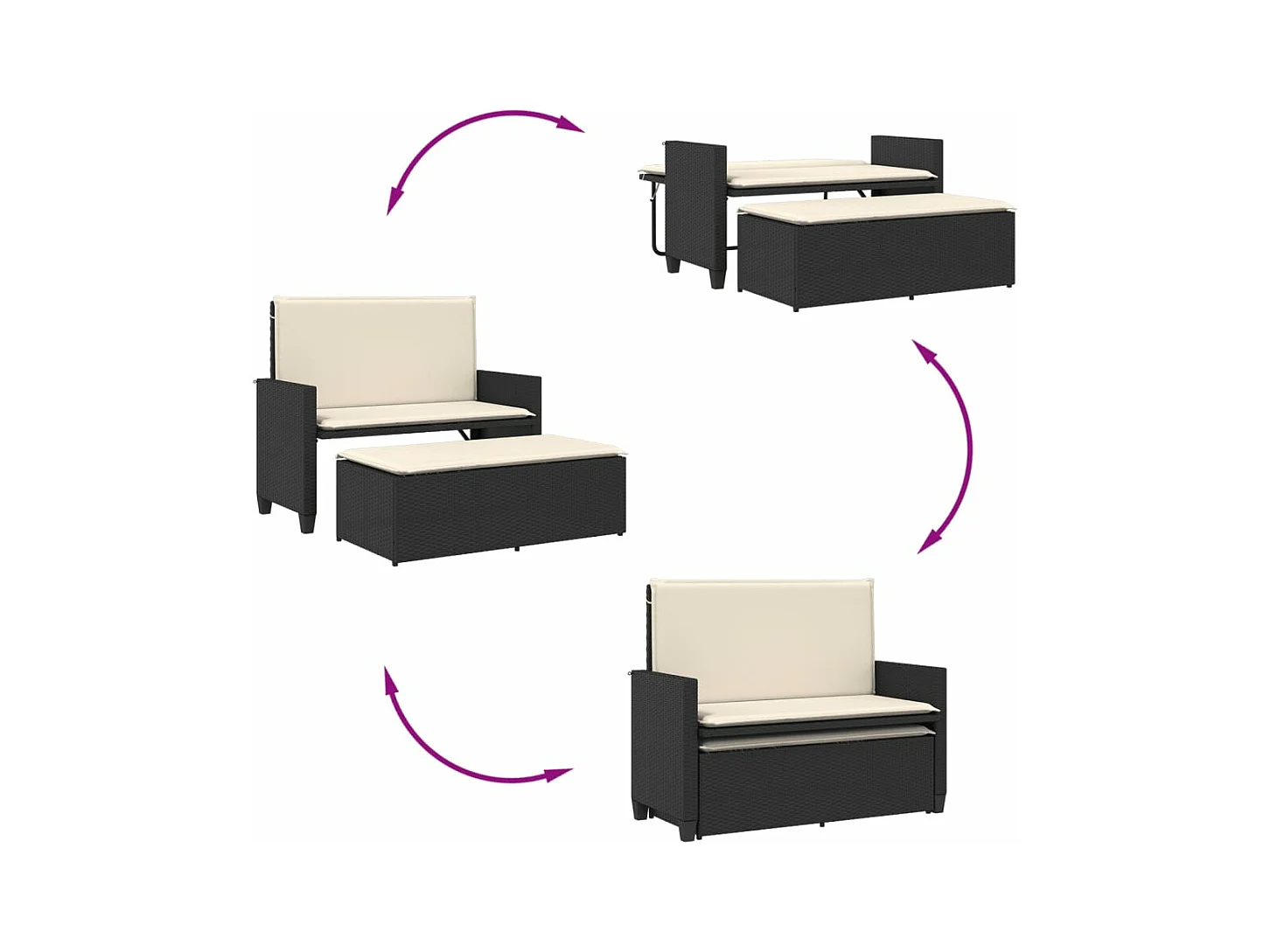 Banco de jardín con cojines y reposapiés ratán sintético negro