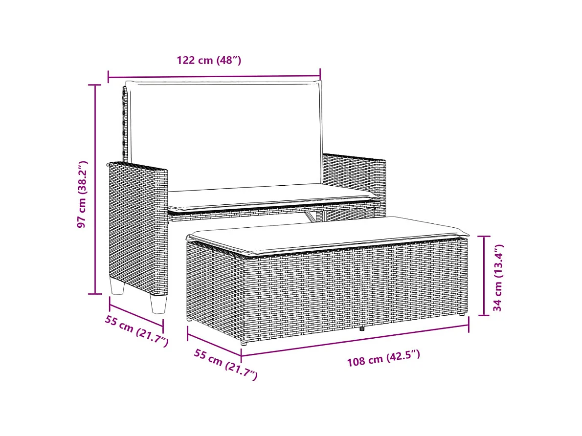 Banco de jardín con cojines y reposapiés ratán sintético negro