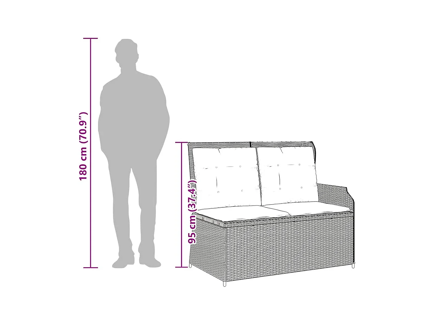 Banc inclinable de jardin avec coussins noir résine tressée