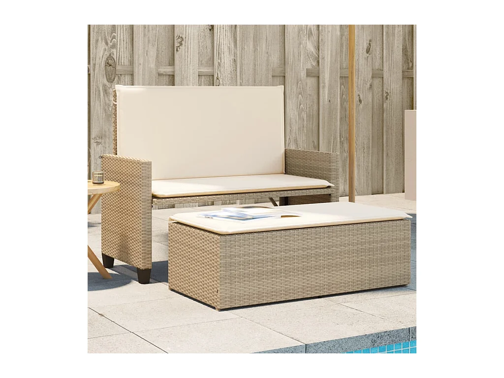 Banc de jardin et coussins et repose-pied beige résine tressée