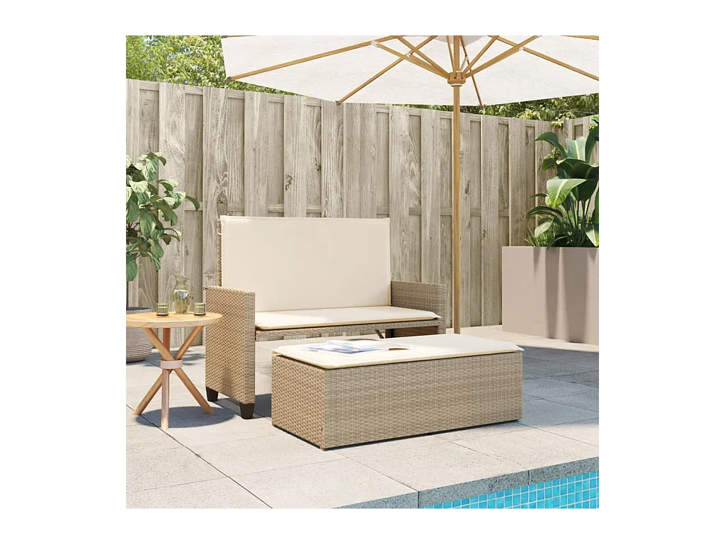 Banc de jardin et coussins et repose-pied beige résine tressée