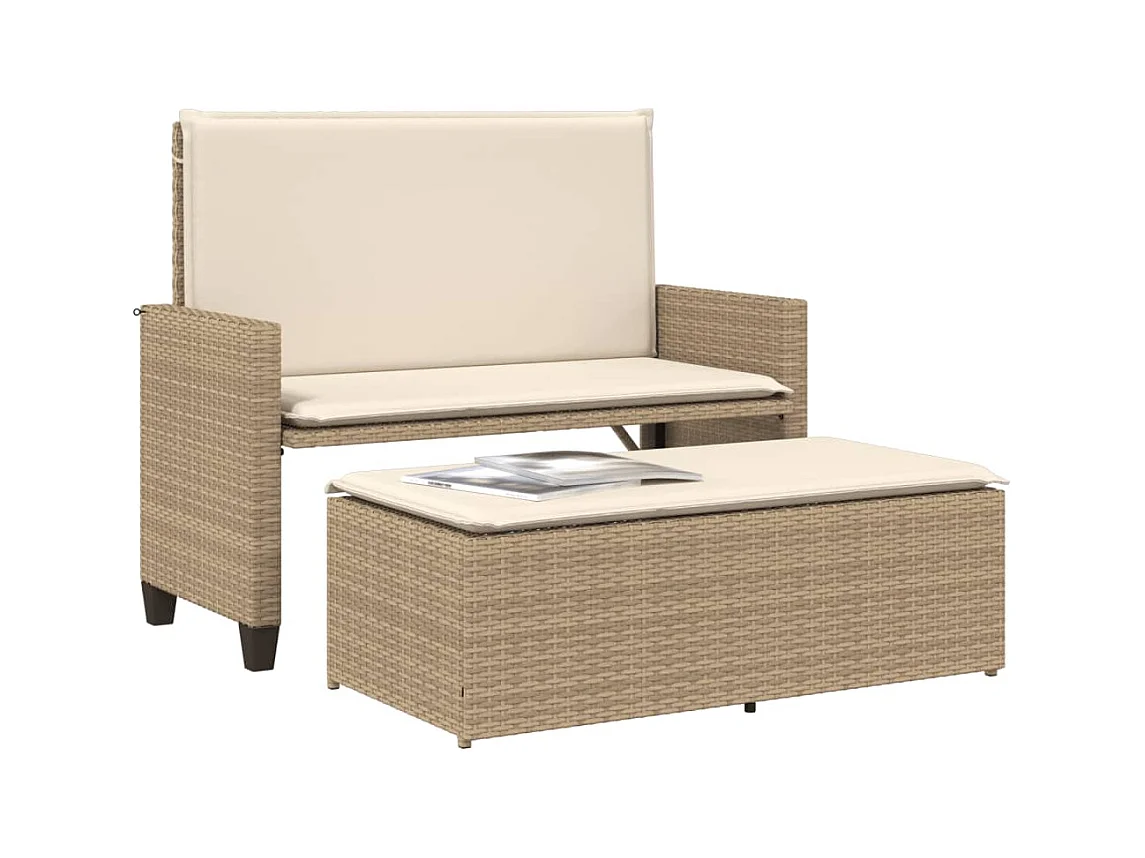 Banc de jardin et coussins et repose-pied beige résine tressée