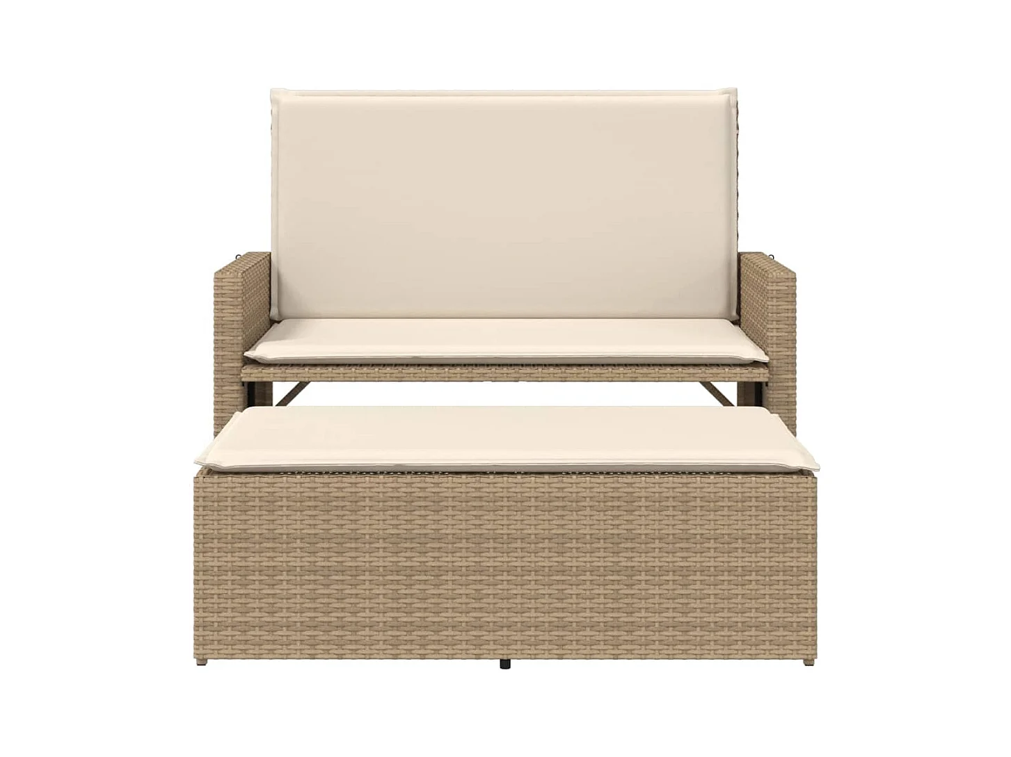 Banc de jardin et coussins et repose-pied beige résine tressée