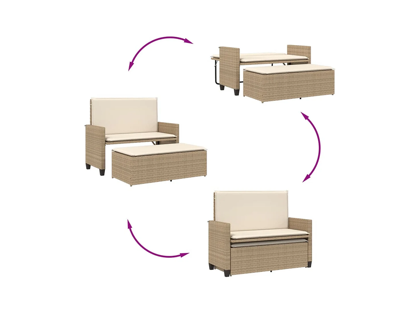 Banc de jardin et coussins et repose-pied beige résine tressée