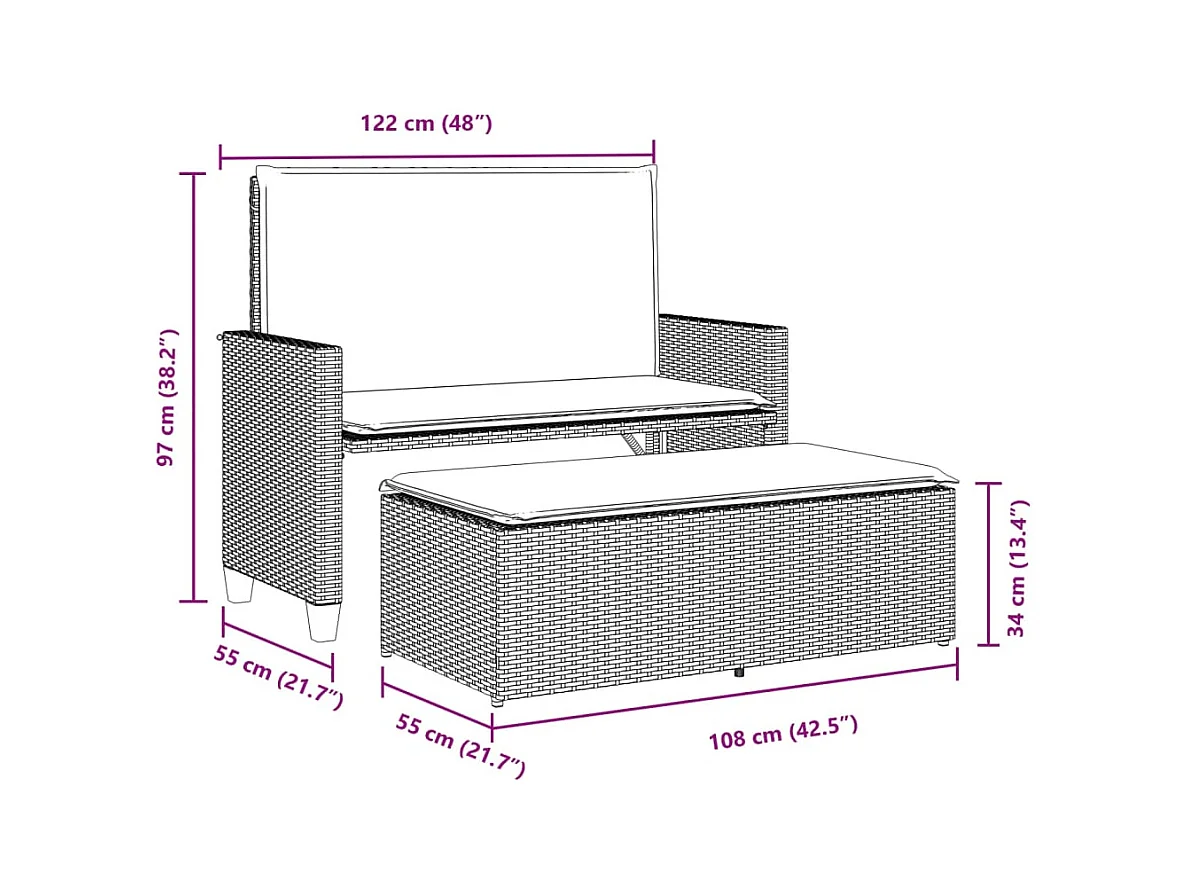 Banc de jardin et coussins et repose-pied beige résine tressée