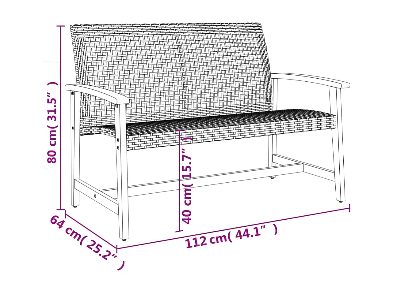 Banc de jardin gris 112 cm résine tressée et bois d'acacia