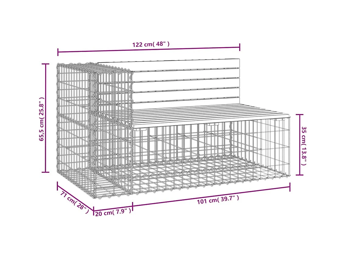 Banc de jardin design gabion 122x71x65,5cm bois de pin imprégné