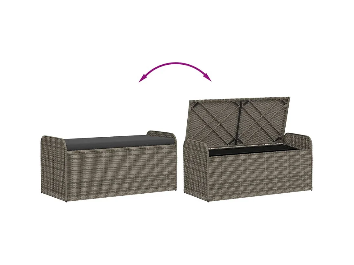 Banc de rangement avec coussin gris 115x51x52 cm résine tressée
