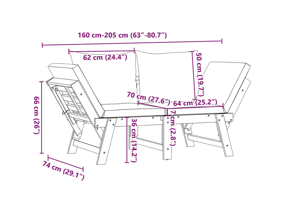Banc de jardin avec coussins 2 en 1 bois d'acacia massif
