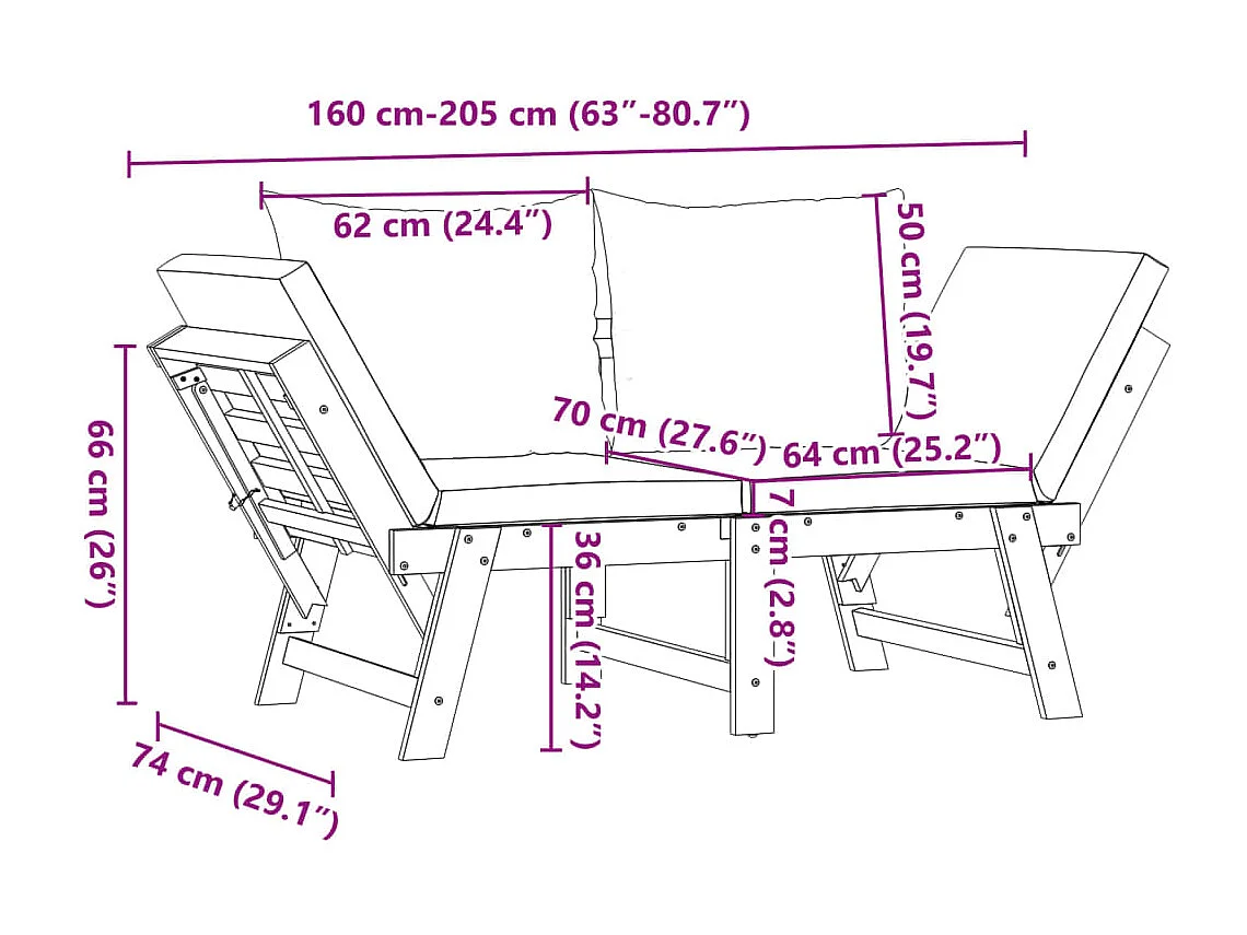 Banc de jardin avec coussins 2 en 1 bois d'acacia massif